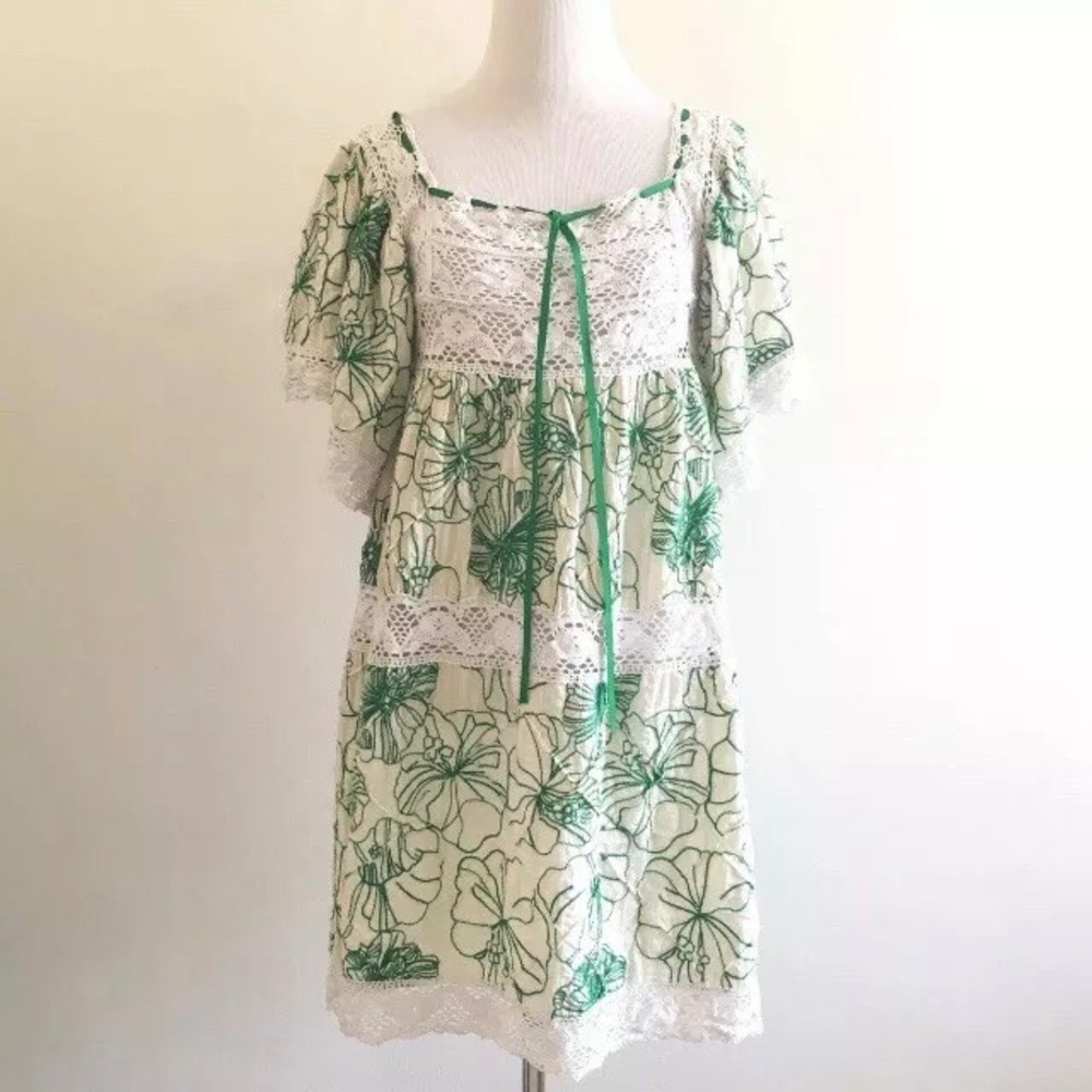 PLS READ Binetti 6 Dress Crochet Embroidered Floral Cotton Green White Boho